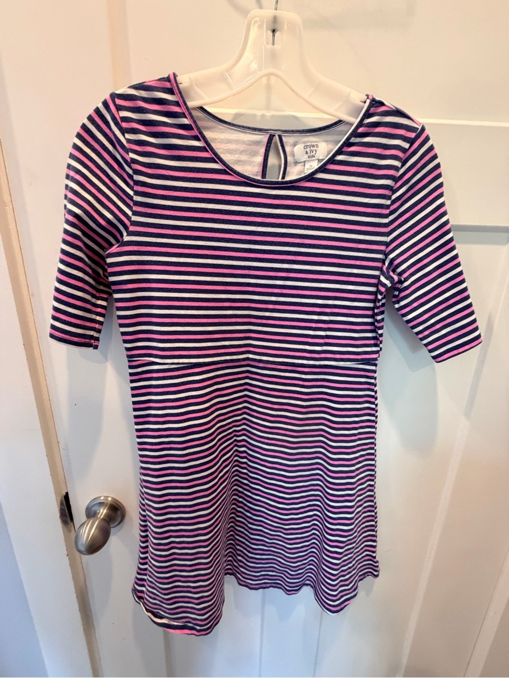Crown & Ivy Kids XL Navy Pink Stripe Knit Dress Girls Cotton Stretch